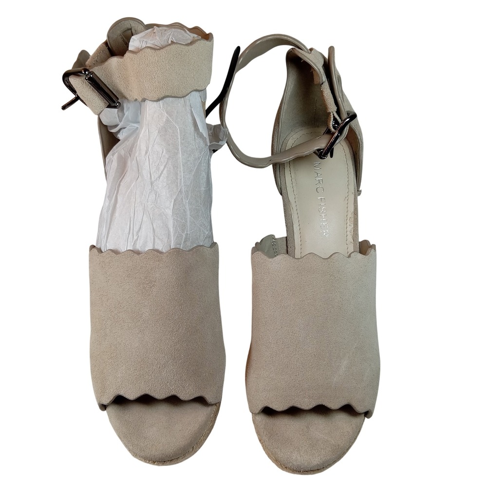 Marc Fisher Adalyn Tan Suede Scalloped Espadrille Wedge Sandals Womens 5.5M
